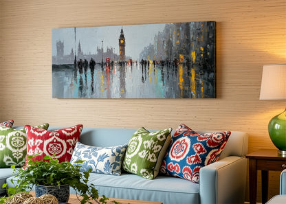 London Big Ben Rainy Street Canvas Wall Art – Westminster Reflection Single & 3 Panel Canvas