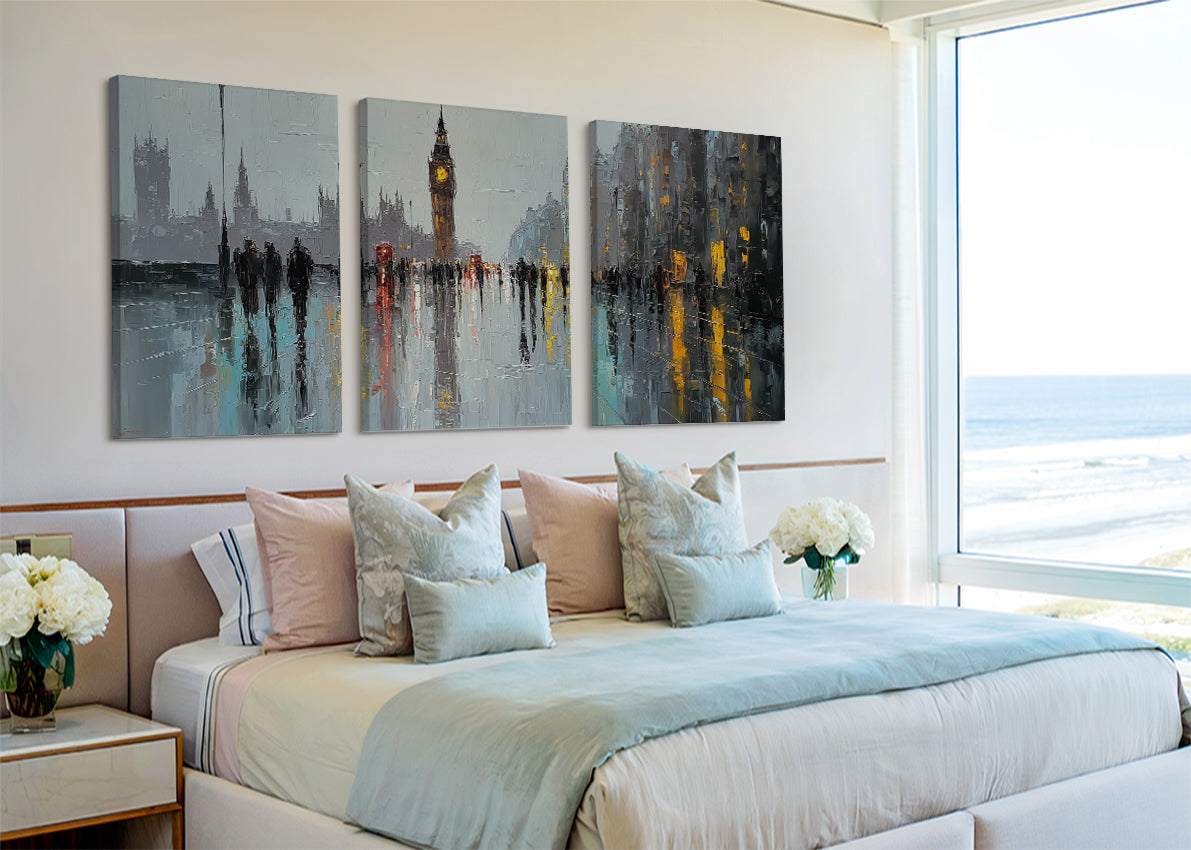 London Big Ben Rainy Street Canvas Wall Art – Westminster Reflection Single & 3 Panel Canvas