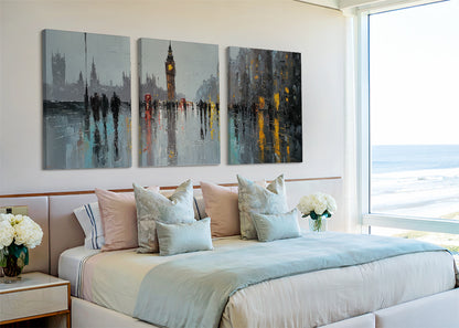 London Big Ben Rainy Street Canvas Wall Art – Westminster Reflection Single & 3 Panel Canvas