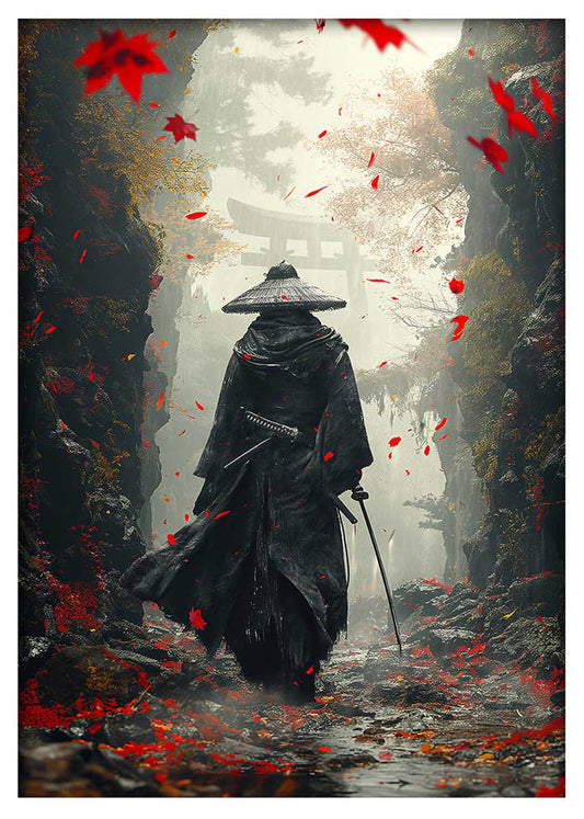 Lone Samurai in Autumn – Warrior Forest Path Canvas & Poster Art – T988 – AiPrintLab