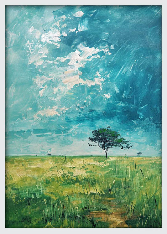 Lone Tree in Green Field Under Blue Sky – Impressionist Nature Canvas & Poster Art – T1113 – AiPrintLab
