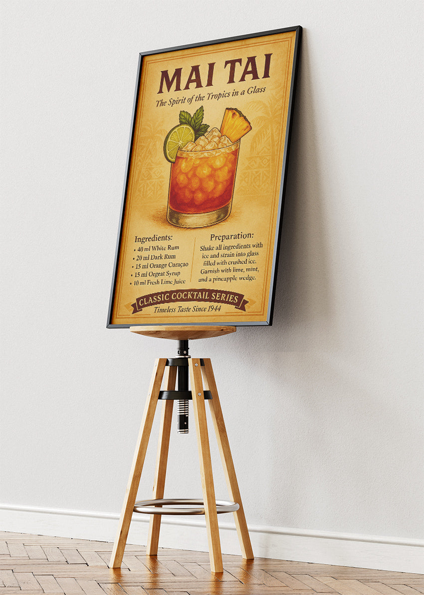 Mai Tai Classic Cocktail Recipe Poster & Canvas Print | Vintage Tropical Bar Wall Art
