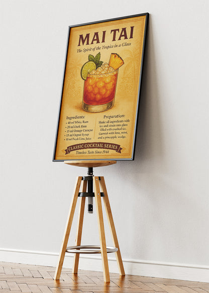 Mai Tai Classic Cocktail Recipe Poster & Canvas Print | Vintage Tropical Bar Wall Art