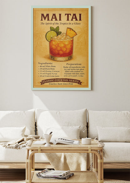 Mai Tai Classic Cocktail Recipe Poster & Canvas Print | Vintage Tropical Bar Wall Art