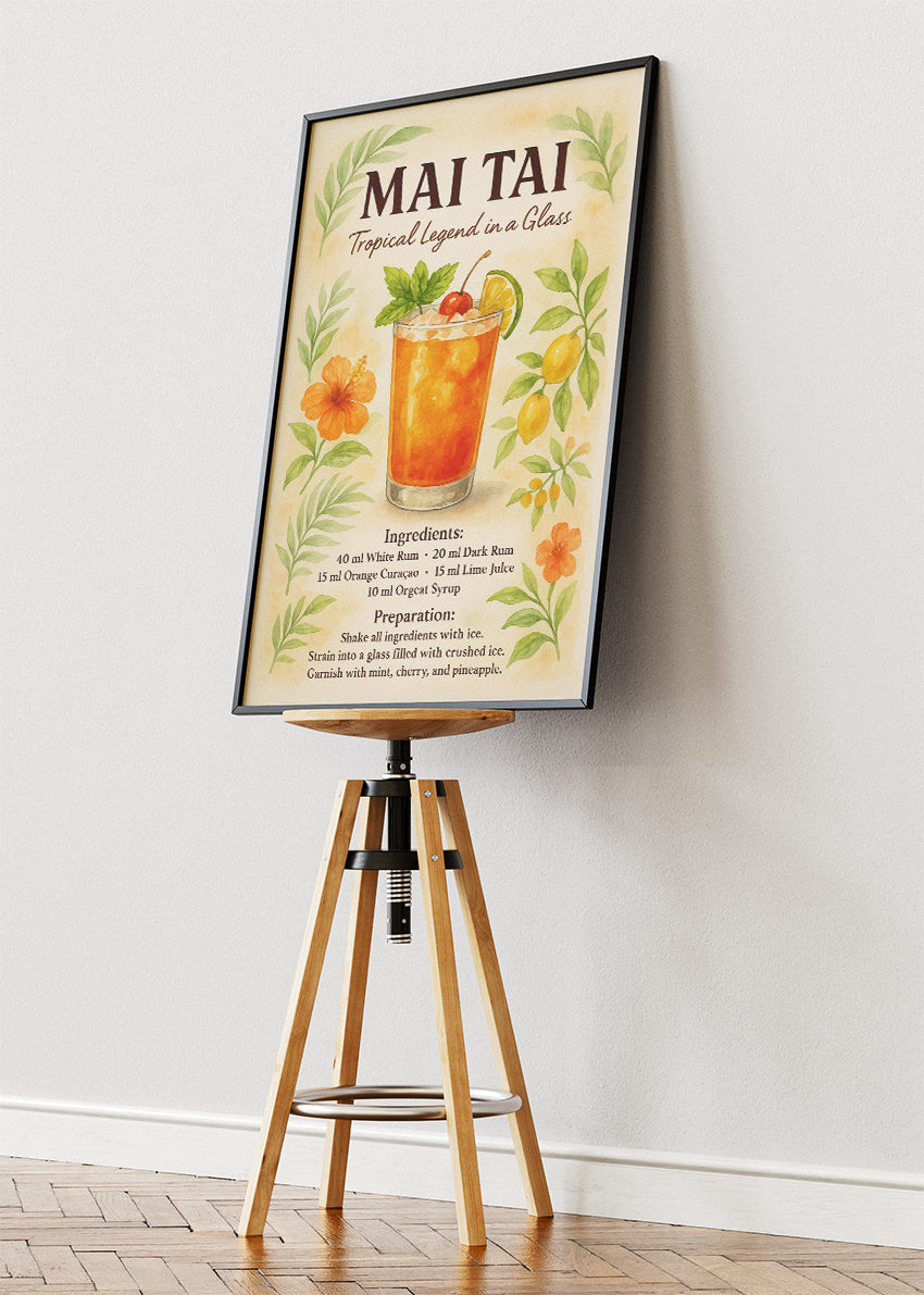 Mai Tai Tropical Cocktail Recipe Poster & Canvas Print | Watercolor Bar Wall Art
