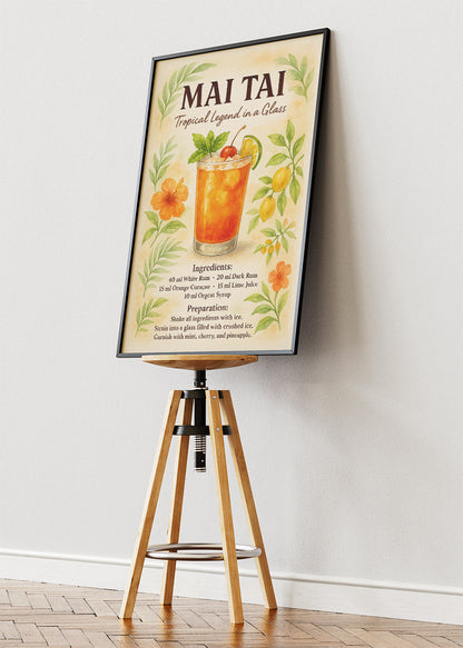 Mai Tai Tropical Cocktail Recipe Poster & Canvas Print | Watercolor Bar Wall Art