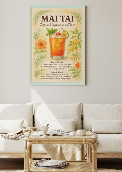 Mai Tai Tropical Cocktail Recipe Poster & Canvas Print | Watercolor Bar Wall Art