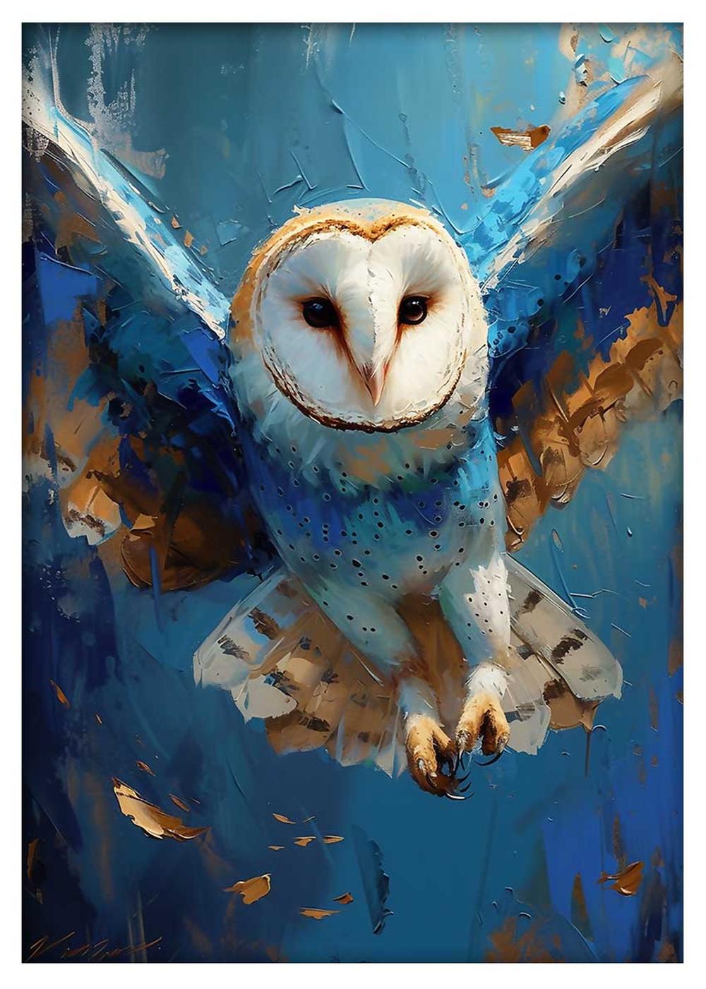 Majestic Barn Owl in Flight – Blue & Gold Oil Style Canvas Wall Art – T839 – AiPrintLab