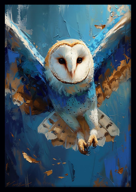 Majestic Barn Owl in Flight – Blue & Gold Oil Style Canvas Wall Art – T839 – AiPrintLab