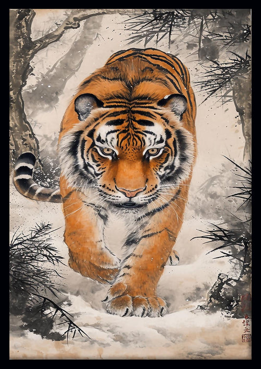 Majestic Tiger in Snowy Bamboo Forest – Poster & Canvas Wall Art – T775 – AiPrintLab