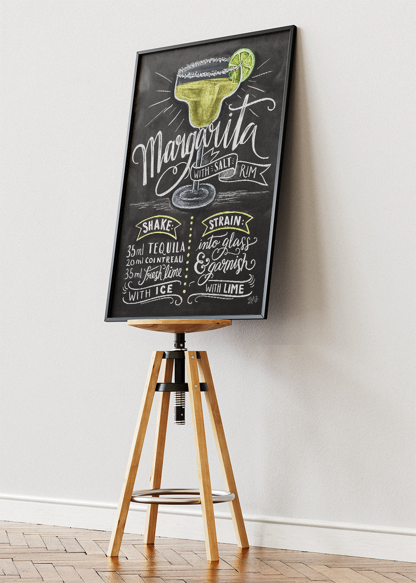 Margarita Chalkboard Cocktail Recipe Poster & Canvas Print | Vintage Bar Wall Art