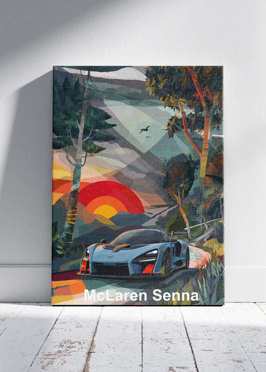 McLaren Senna Scenic Sunset Canvas Print & Poster – Artistic Supercar Landscape Wall Art – AI PRINT LAB