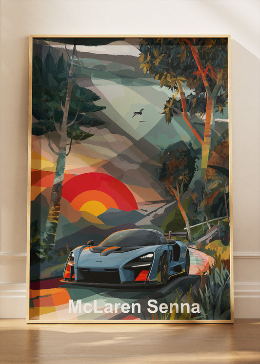 McLaren Senna Scenic Sunset Canvas Print & Poster – Artistic Supercar Landscape Wall Art – AI PRINT LAB