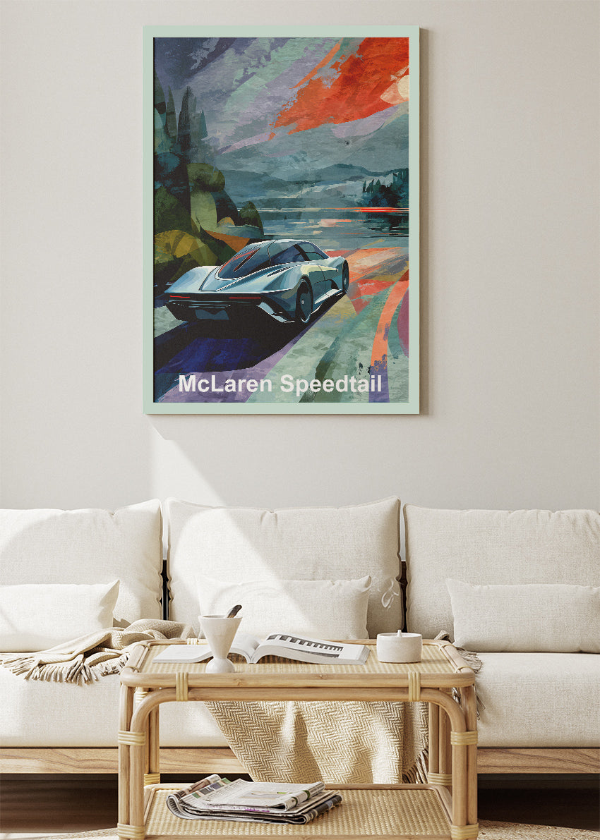 McLaren Speedtail Sunset Rear View Canvas Print & Poster – Futuristic Supercar Wall Art – AI PRINT LAB