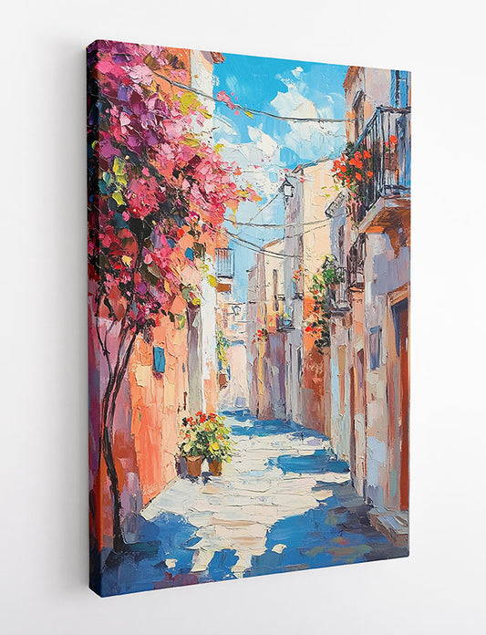 Mediterranean Alleyway Wall Art – Colorful Street Scene Canvas & Poster Print – T1388 –