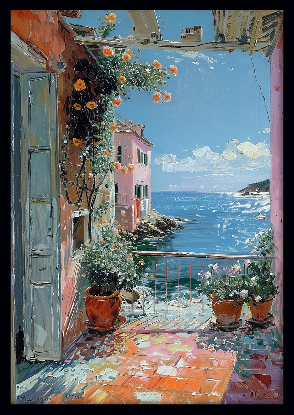 Mediterranean Balcony View – Coastal Seaside Canvas & Poster Wall Art – T1219 – AiPrintLab