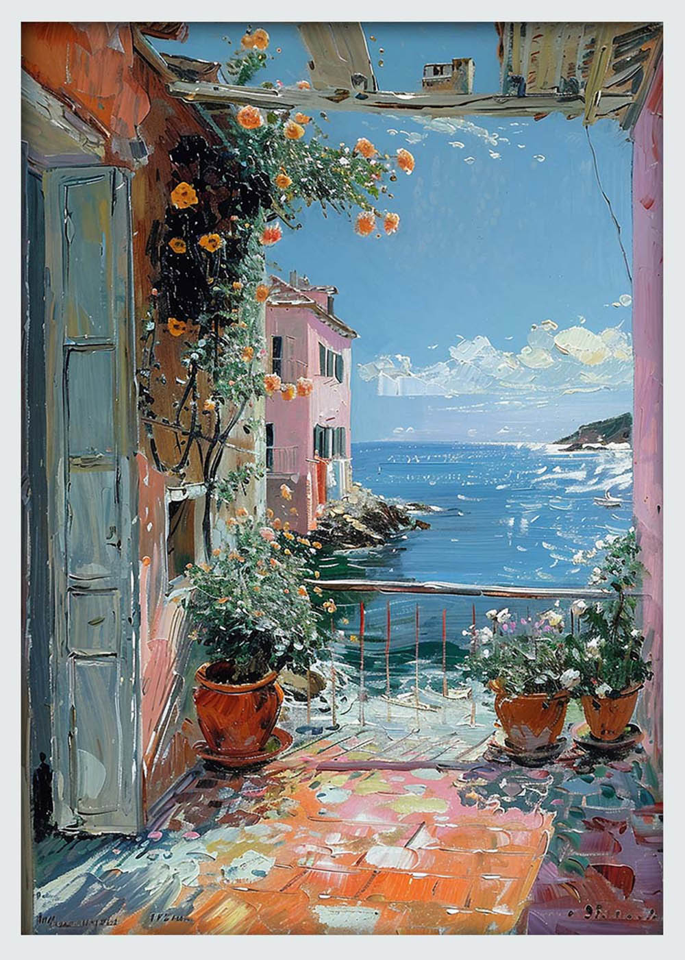 Mediterranean Balcony View – Coastal Seaside Canvas & Poster Wall Art – T1219 – AiPrintLab