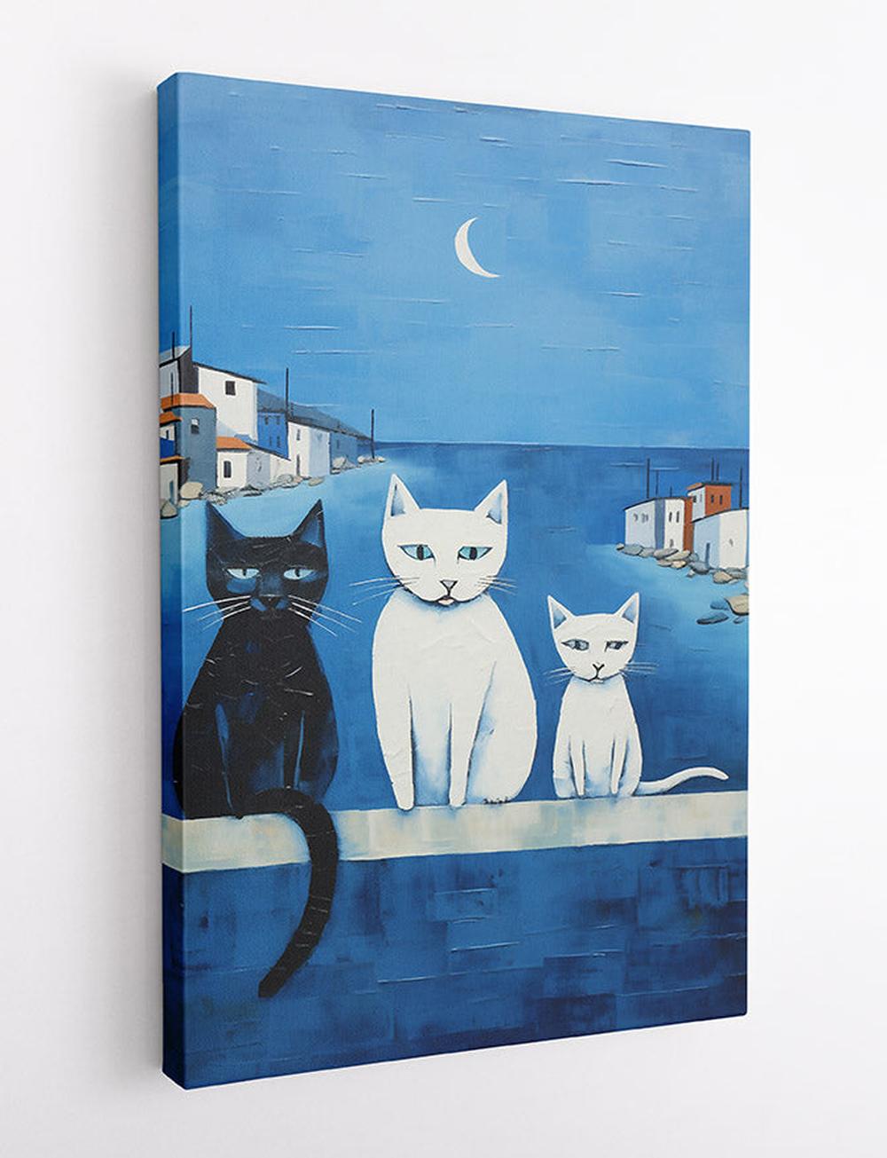 Mediterranean Cats Under Moonlight Canvas Art & Poster – T723 – AiPrintLab