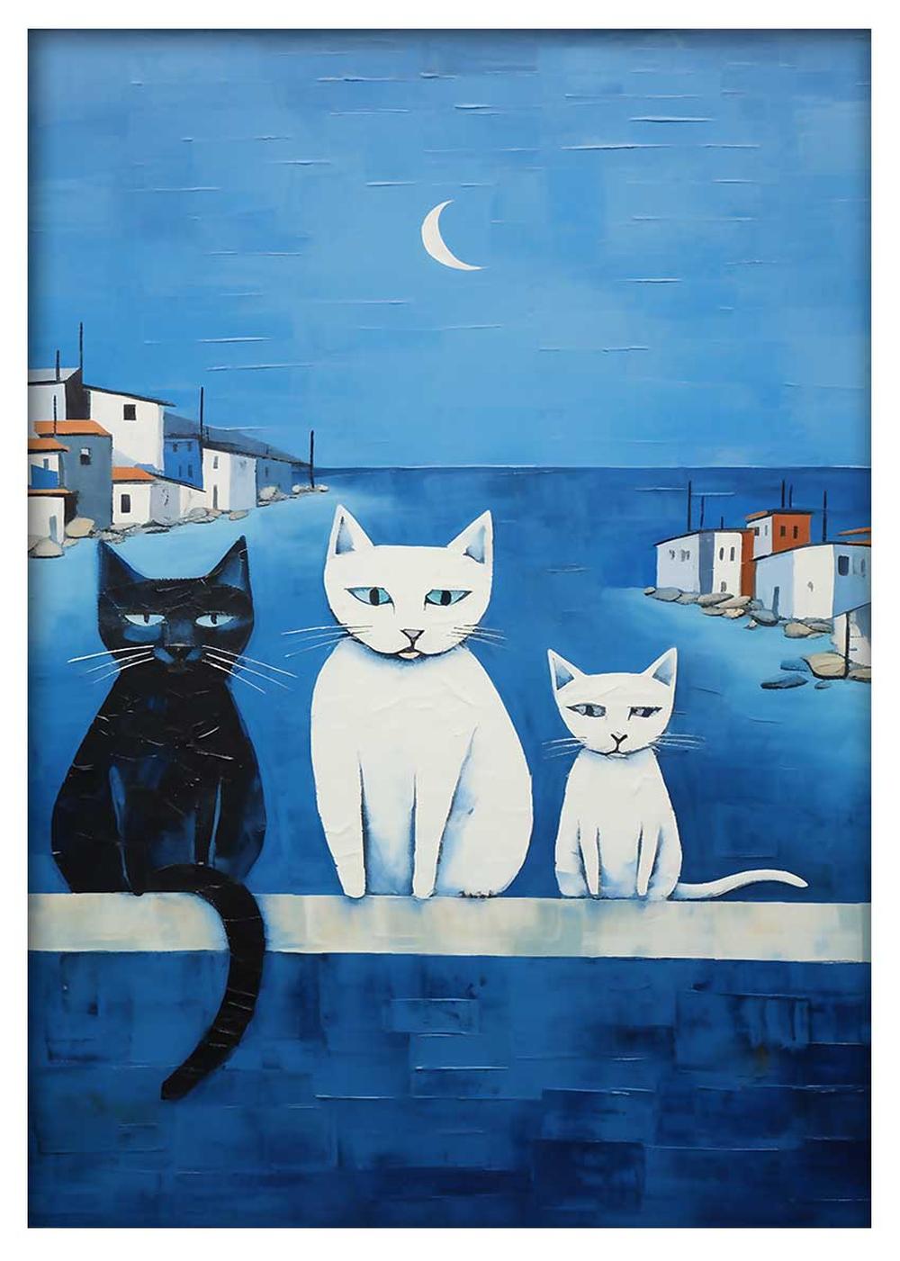 Mediterranean Cats Under Moonlight Canvas Art & Poster – T723 – AiPrintLab