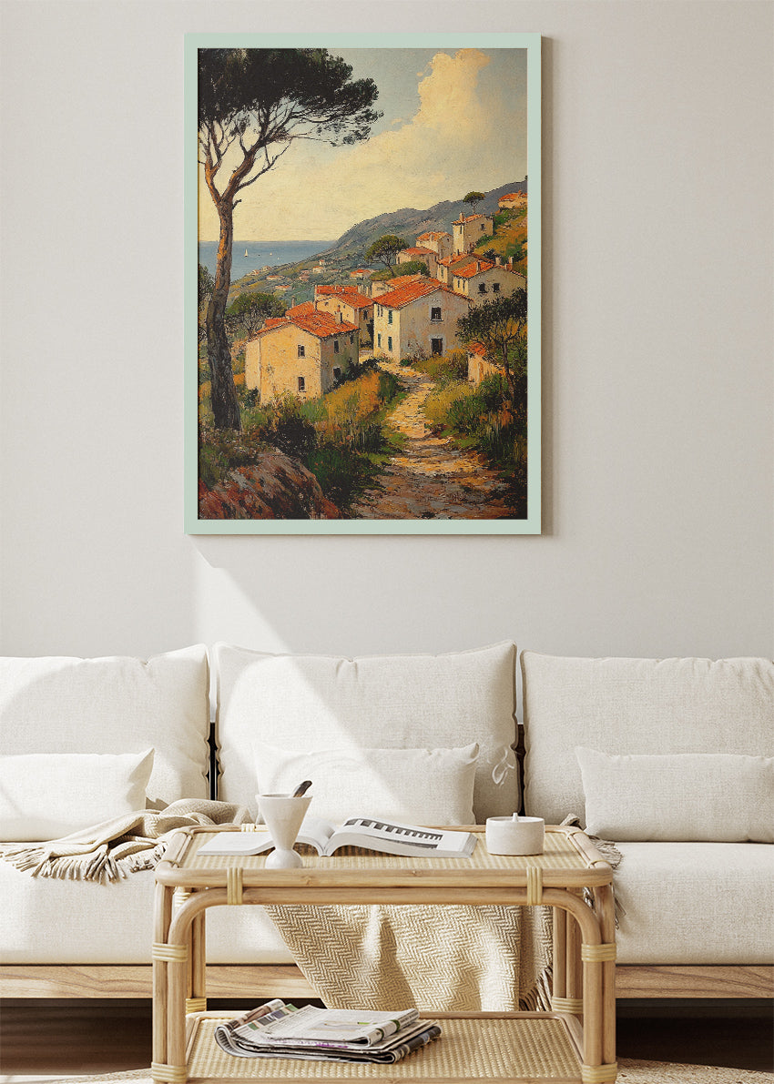 Mediterranean Coastal Village Path – Rustic Seaside Landscape Wall Art Poster & Canvas – AI PRINT LAB