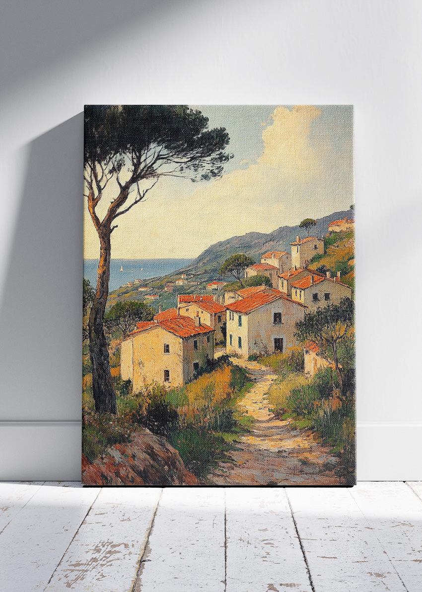 Mediterranean Coastal Village Path – Rustic Seaside Landscape Wall Art Poster & Canvas – AI PRINT LAB