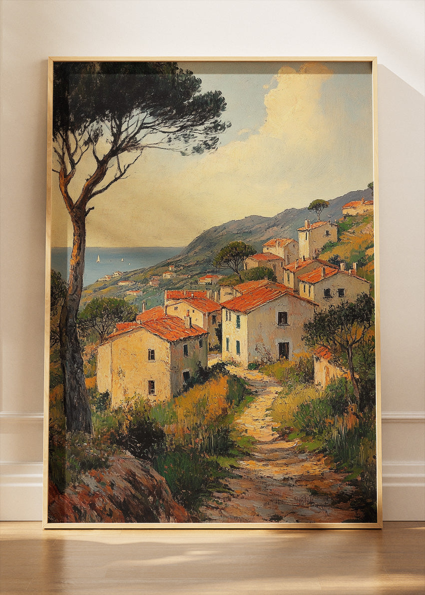 Mediterranean Coastal Village Path – Rustic Seaside Landscape Wall Art Poster & Canvas – AI PRINT LAB
