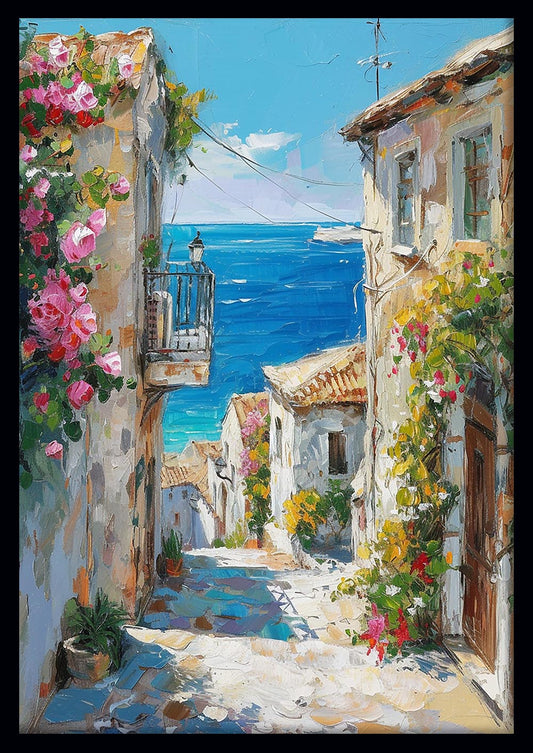 Mediterranean Seaside Village Canvas Art – Floral Coastal Wall Decor – T932 – AiPrintLab