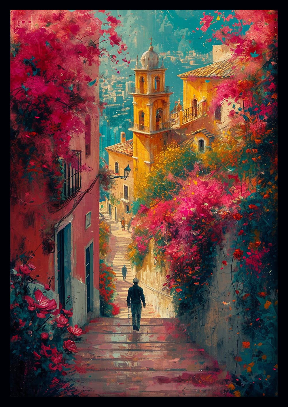 Mediterranean Street Walk – Colorful Village Pathway Canvas & Poster Wall Art – T1285 – AiPrintLab