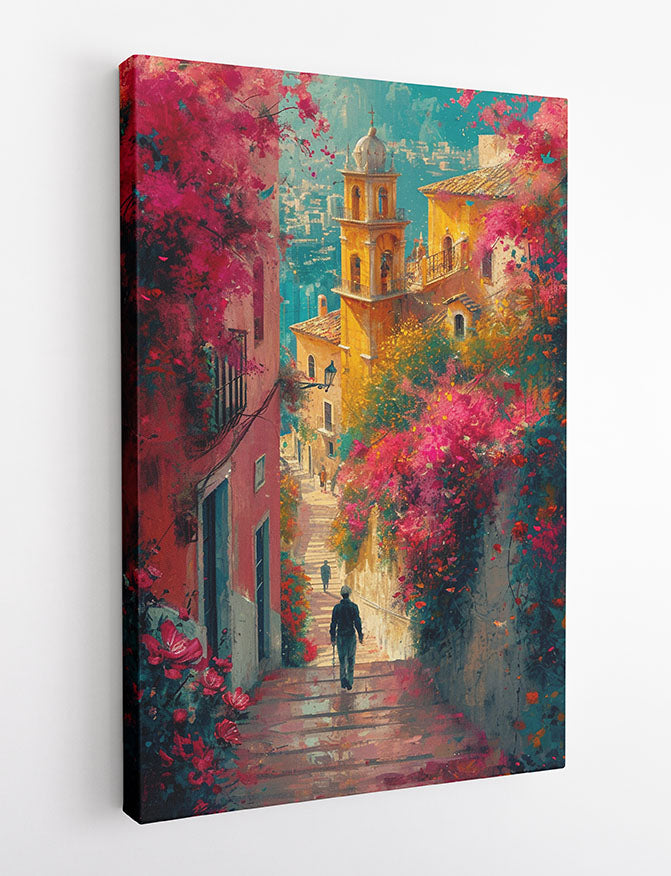 Mediterranean Street Walk – Colorful Village Pathway Canvas & Poster Wall Art – T1285 – AiPrintLab