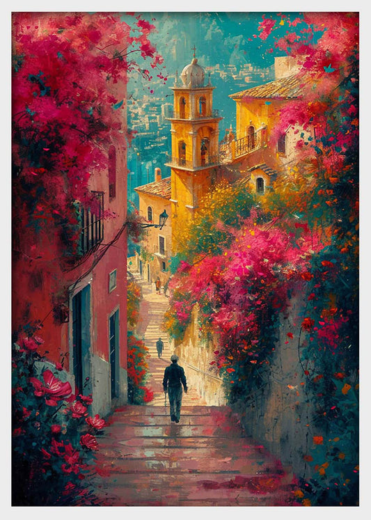 Mediterranean Street Walk – Colorful Village Pathway Canvas & Poster Wall Art – T1285 – AiPrintLab