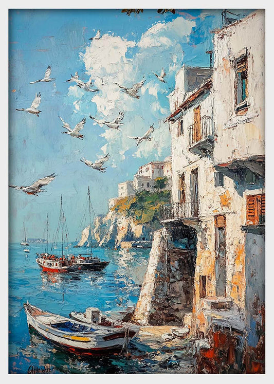 Mediterranean Coast Canvas Wall Art & Poster Print | Seaside Village & Boats Painting – T1366 – Aiprintlab