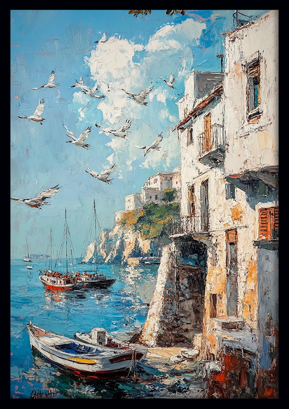 Mediterranean Coast Canvas Wall Art & Poster Print | Seaside Village & Boats Painting – T1366 – Aiprintlab 1