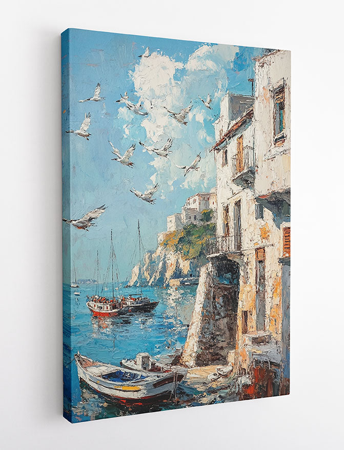 Mediterranean Coast Canvas Wall Art & Poster Print | Seaside Village & Boats Painting – T1366 – Aiprintlab 2