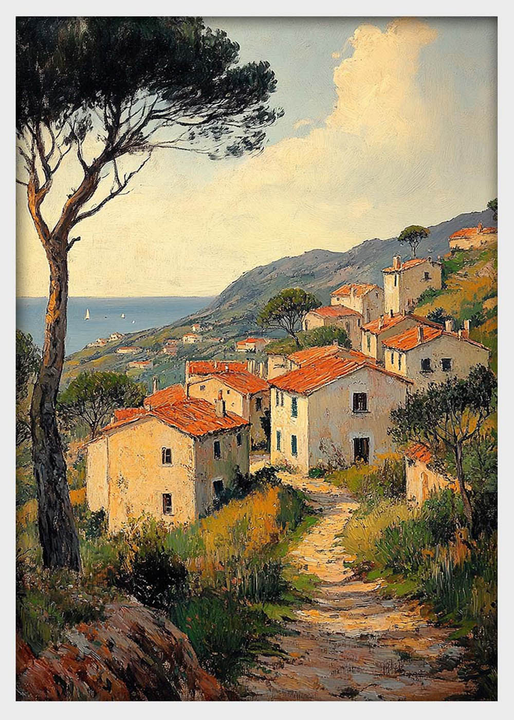 Mediterranean Hillside Village Canvas Wall Art & Poster Print | Coastal Rustic Landscape Painting – T1333 – Aiprintlab