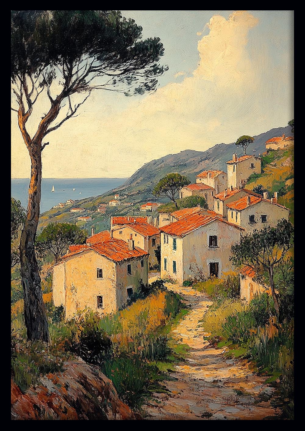 Mediterranean Hillside Village Canvas Wall Art & Poster Print | Coastal Rustic Landscape Painting – T1333 – Aiprintlab 1