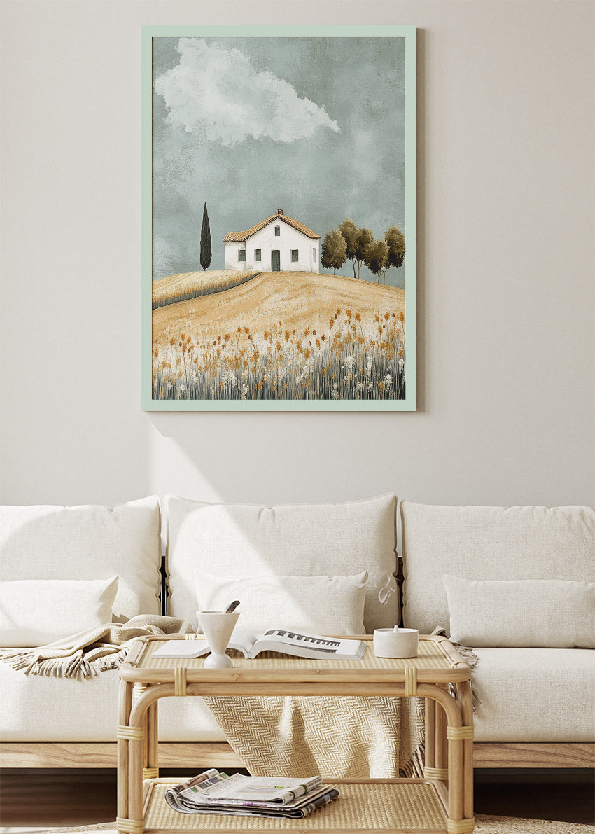 Minimalist Countryside House on Rolling Hills – Rustic Landscape Wall Art – AI PRINT LAB