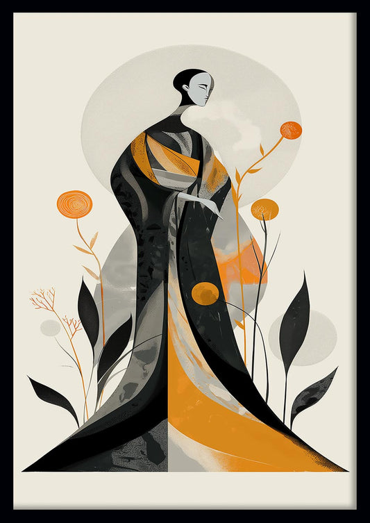 Minimalist Kimono Figure – Abstract Japanese Woman Canvas & Poster Wall Art – T1068 – AiPrintLab