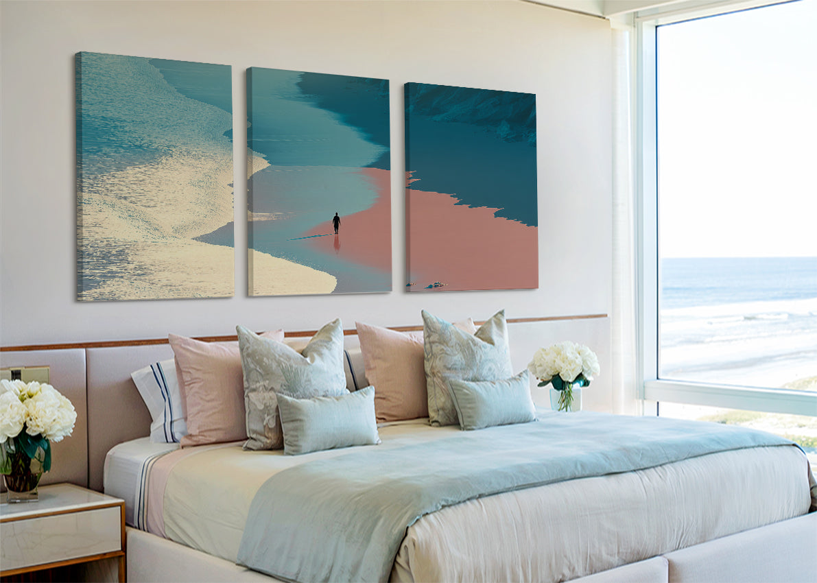 Minimalist Pastel Beach Shoreline Canvas Wall Art – Single & 3 Panel Canvas – AI PRINT LAB