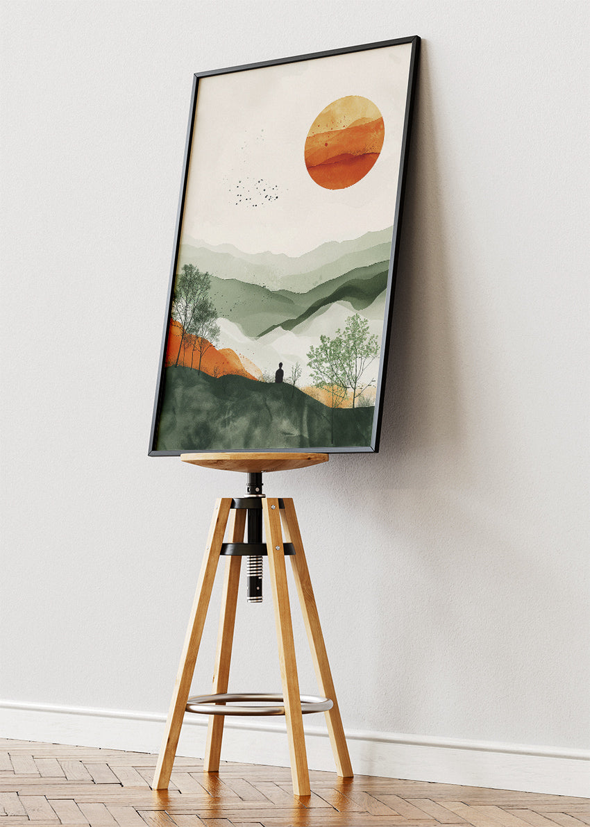 Minimalist Sunset Hills – Sage Green & Terracotta Landscape Canvas & Poster Print – AI PRINT LAB