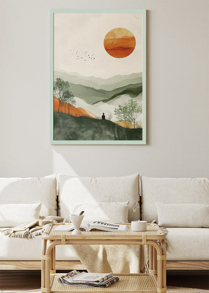 Minimalist Sunset Hills – Sage Green & Terracotta Landscape Canvas & Poster Print – AI PRINT LAB