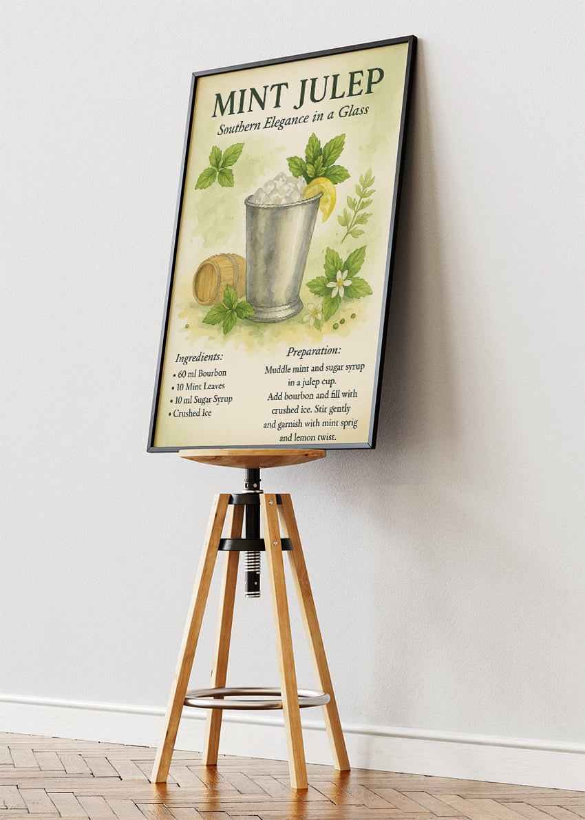Mint Julep Watercolor Cocktail Recipe Poster & Canvas Print | Elegant Southern Bar Wall Art