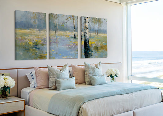Misty Birch Woodland Canvas Wall Art – Single & 3 Panel Split – AI PRINT LAB