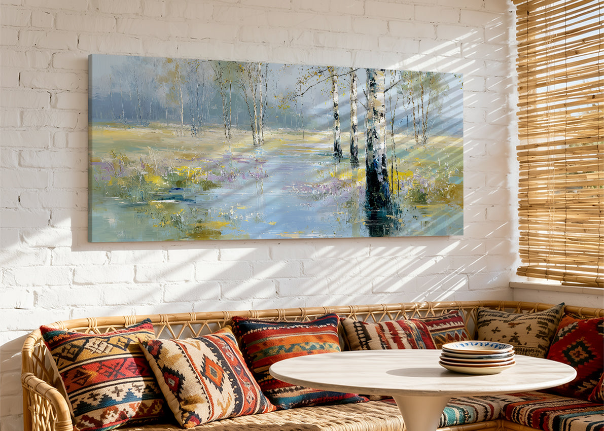 Misty Birch Woodland Canvas Wall Art – Single & 3 Panel Split – AI PRINT LAB