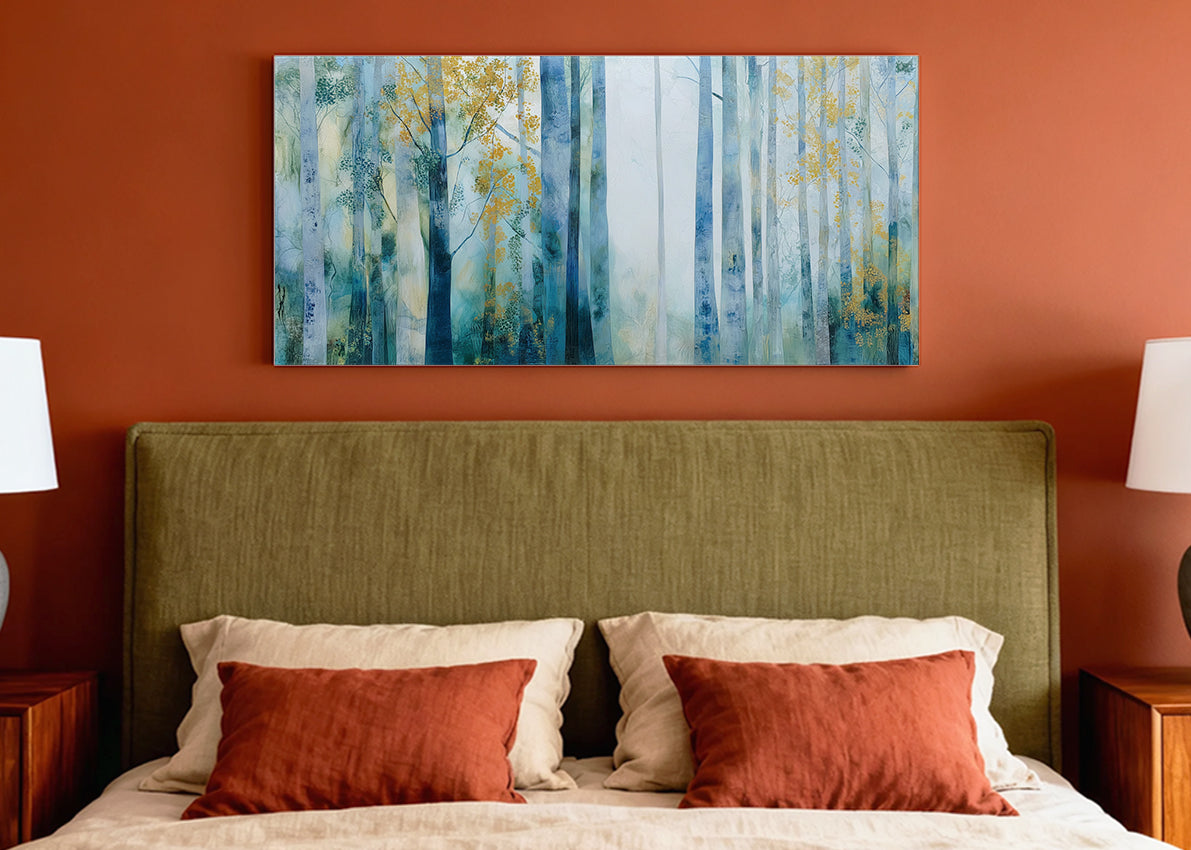 Misty Blue Forest Canvas Wall Art – Elegant Abstract Woodland Landscape – Single & 3 Panel Canvas – AI PRINT LAB