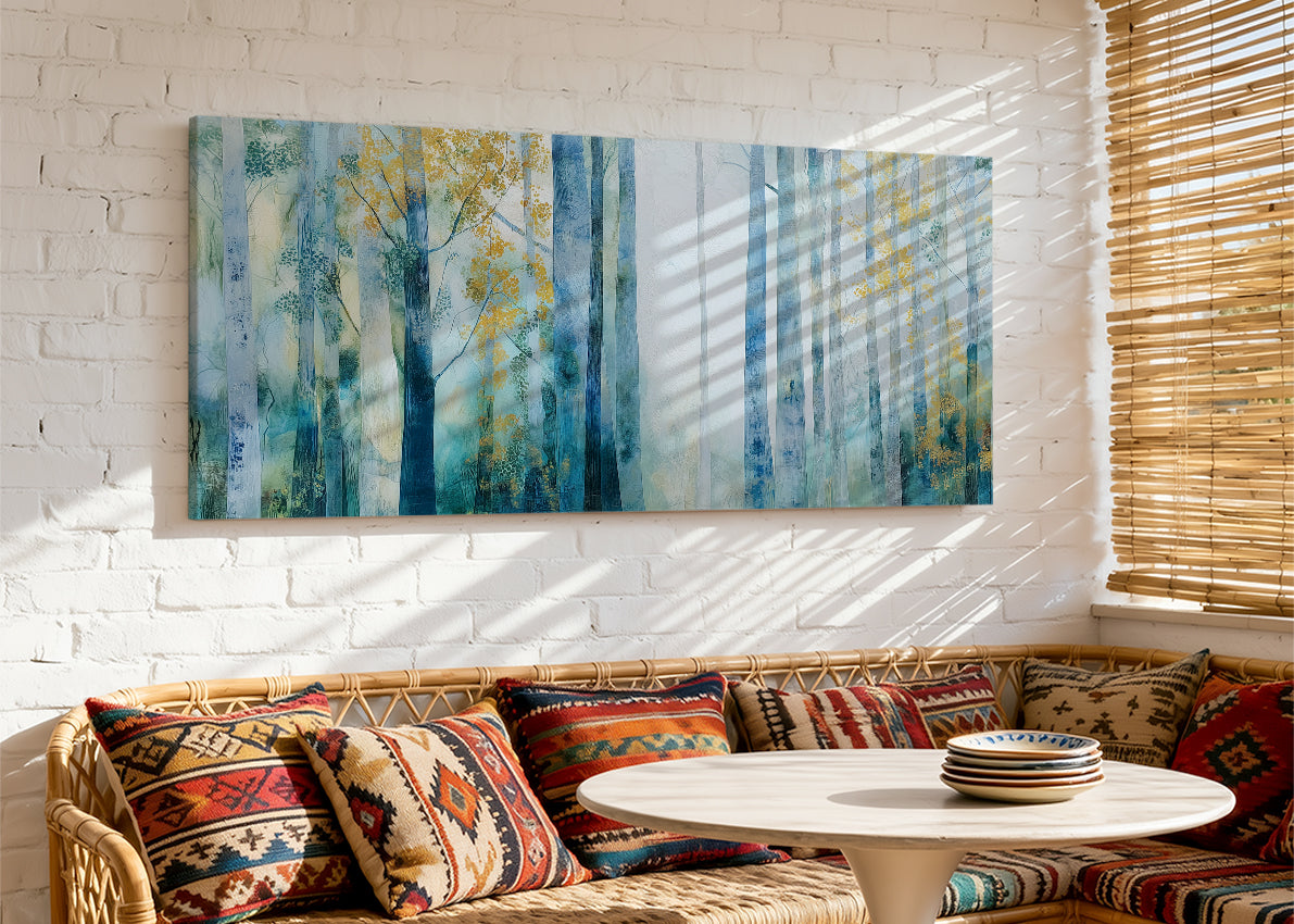 Misty Blue Forest Canvas Wall Art – Elegant Abstract Woodland Landscape – Single & 3 Panel Canvas – AI PRINT LAB