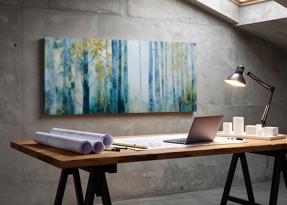 Misty Blue Forest Canvas Wall Art – Elegant Abstract Woodland Landscape – Single & 3 Panel Canvas – AI PRINT LAB