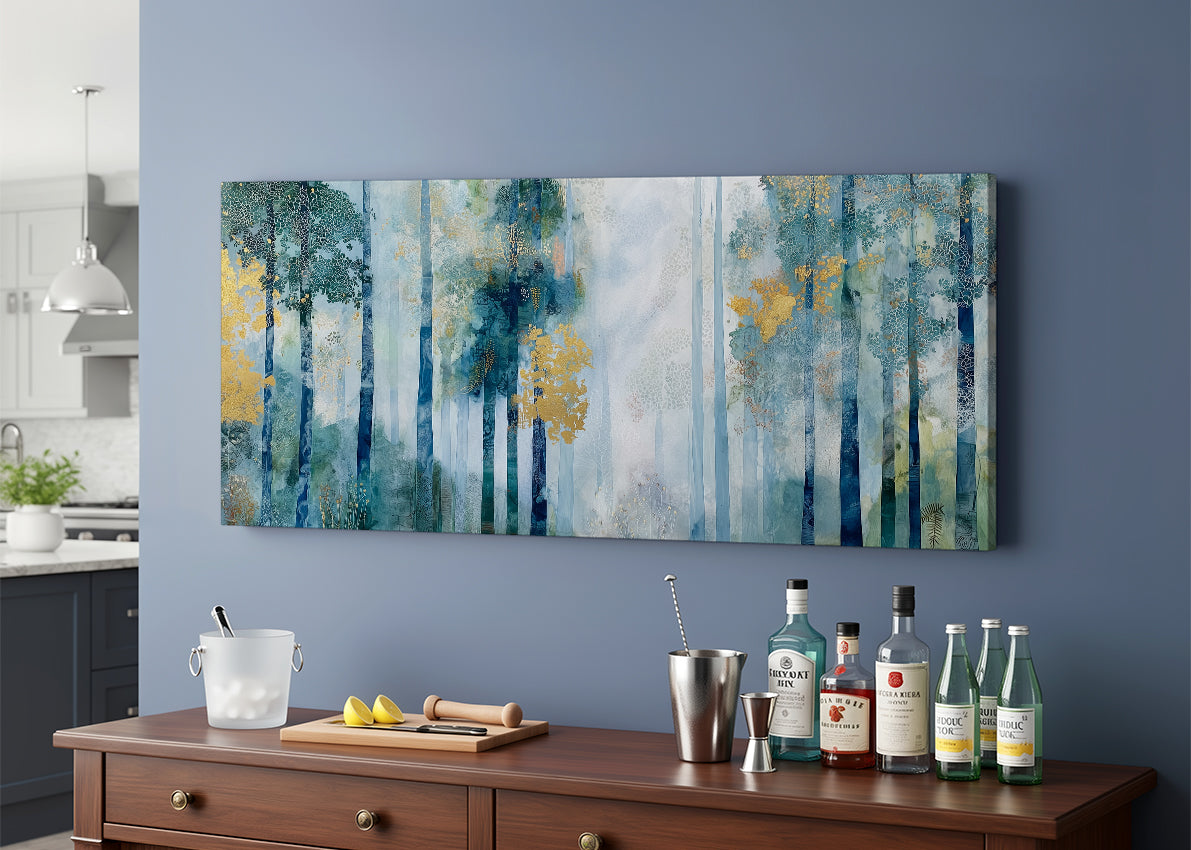 Misty Blue Woodland Canvas Wall Art – Elegant Abstract Forest Landscape – Single & 3 Panel Canvas – AI PRINT LAB
