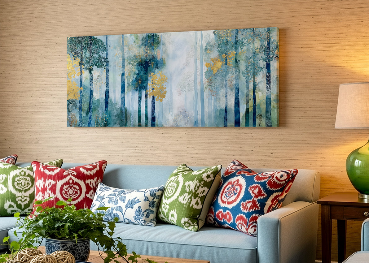 Misty Blue Woodland Canvas Wall Art – Elegant Abstract Forest Landscape – Single & 3 Panel Canvas – AI PRINT LAB