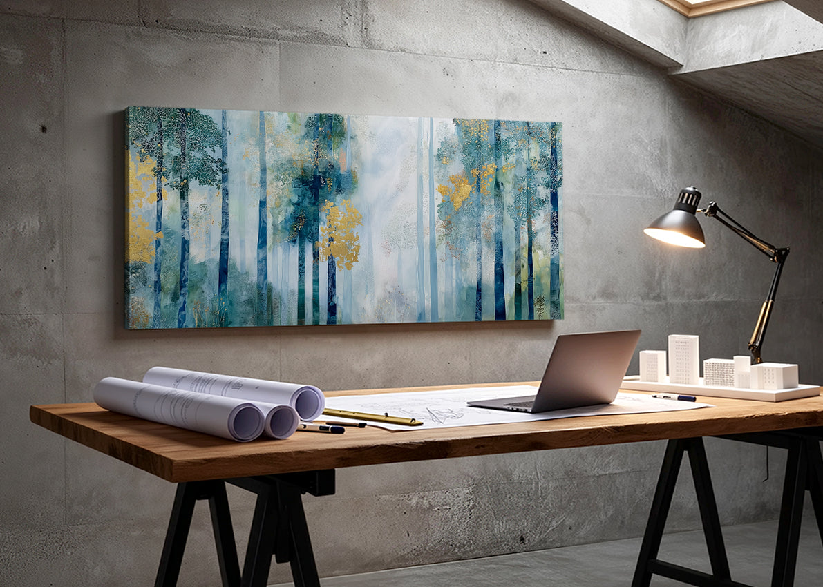 Misty Blue Woodland Canvas Wall Art – Elegant Abstract Forest Landscape – Single & 3 Panel Canvas – AI PRINT LAB