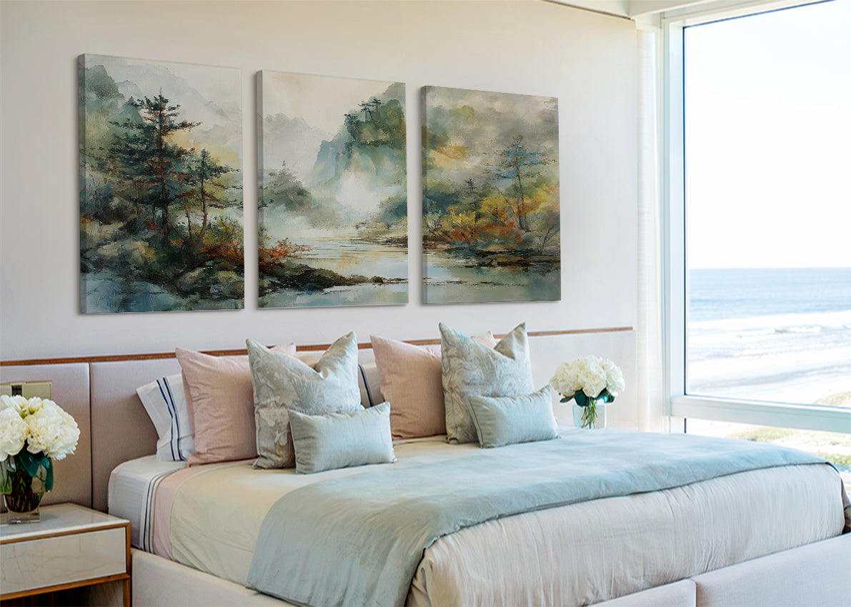 Misty Forest River Landscape Canvas Wall Art – Single & 3 Panel Split – AI PRINT LAB